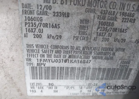 2001 Ford Escape Xlt from USA, damaged, VIN 1FMYU03181KA16847